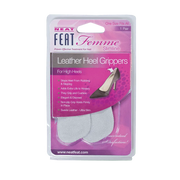 Neat Feat Femme Leather Heel Grippers, in mostly pink packaging with mostly white text, featuring a clear plastic cover that exposes the light grey grippers inside. The front includes an image of a shoe showing where to install the grippers for added comfort and support.