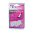 Neat Feat Femme Leather Heel Grippers, in mostly pink packaging with mostly white text, featuring a clear plastic cover that exposes the light grey grippers inside. The front includes an image of a shoe showing where to install the grippers for added comfort and support.