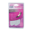 Neat Feat Femme Leather Heel Grippers, in mostly pink packaging with mostly white text, featuring a clear plastic cover that exposes the light grey grippers inside. The front includes an image of a shoe showing where to install the grippers for added comfort and support.
