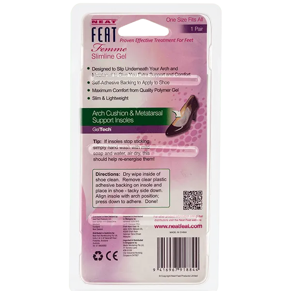 Back of the Neat Feat Femme Slimline Gel Arch Cushion & Metatarsal Insole packaging, mostly pink with mostly black text, displaying product details, usage instructions, and benefits for arch and metatarsal support.