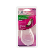 Front of the Neat Feat Femme Slimline Gel Arch Cushion & Metatarsal Insole packaging, mostly pink with a clear plastic cover showing the gel insoles inside. The front features an image demonstrating how to place the insoles in shoes for arch and metatarsal support.