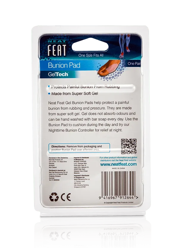 Back of the Neat Feat Gel Bunion Pad packaging, mostly white with mostly black text, displaying product details, usage instructions, and benefits for bunion protection.