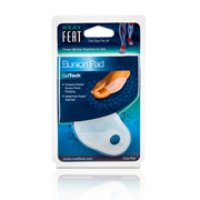 Front of the Neat Feat Gel Bunion Pad packaging, mostly blue with a clear plastic cover showing the white gel bunion pad inside. The front features an image demonstrating how to wear the product for protection and comfort.