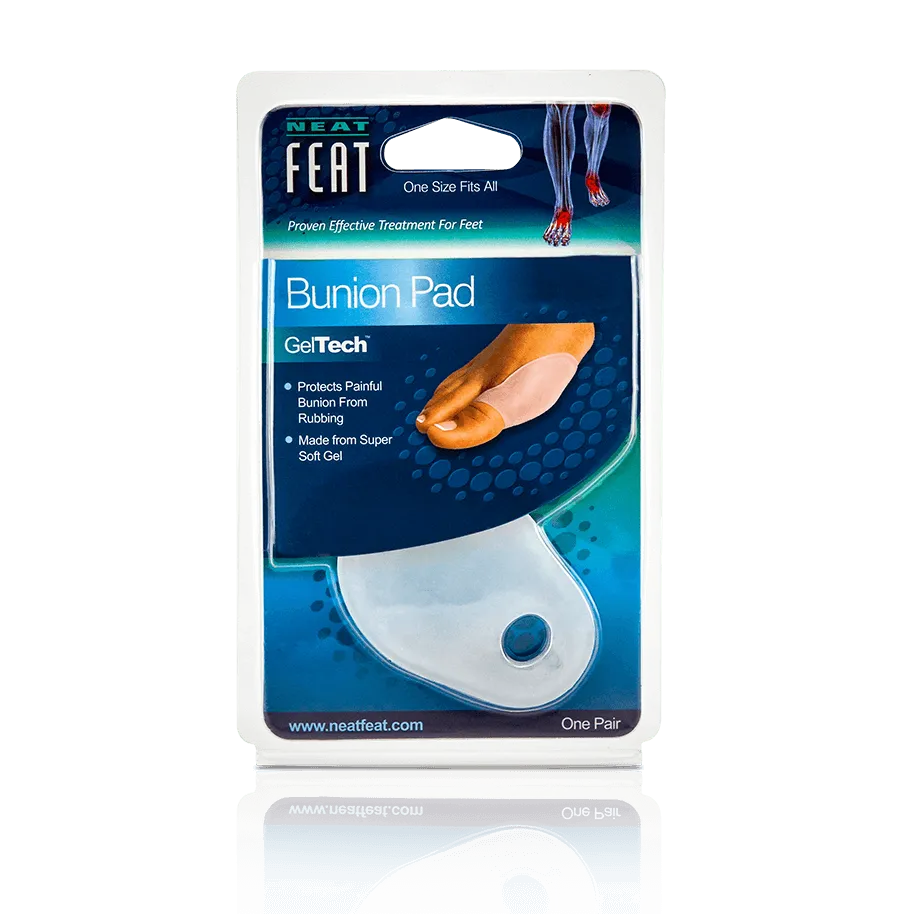 Front of the Neat Feat Gel Bunion Pad packaging, mostly blue with a clear plastic cover showing the white gel bunion pad inside. The front features an image demonstrating how to wear the product for protection and comfort.
