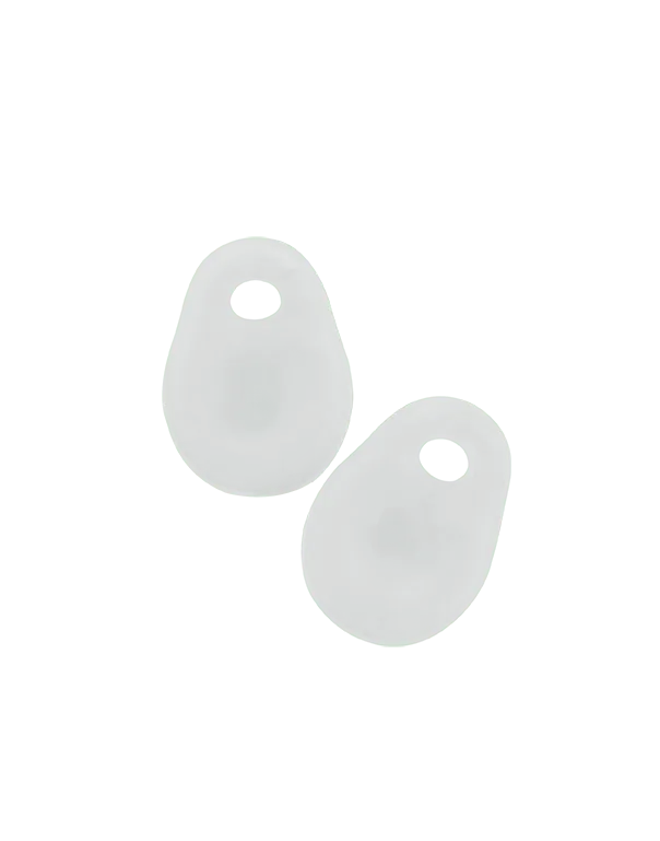 Two white, semi-translucent Neat Feat Gel Bunion Pads side by side, showcasing their soft, cushioned design for bunion protection and comfort.