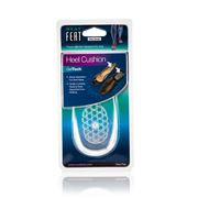 Neat Feat Gel Heel Cushions for Heel Support, in mostly blue packaging wrapped in clear plastic, displaying the clear heel cushions inside. The front features an image showing where to insert them into your shoe for optimal support.