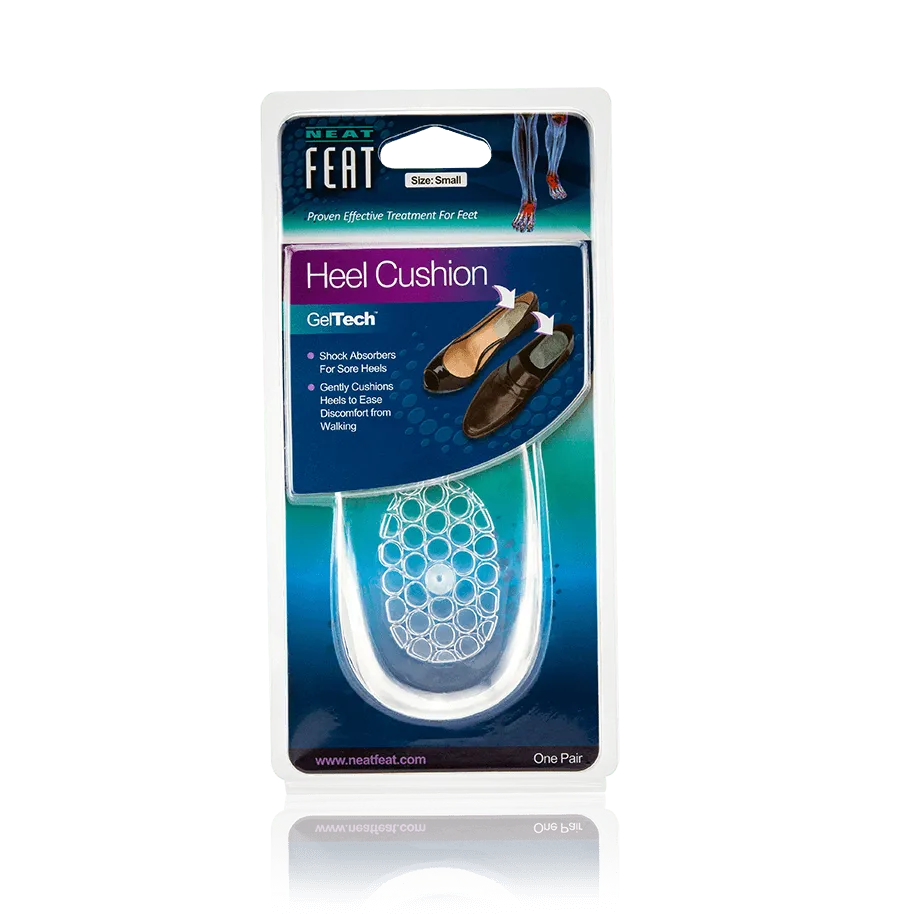 Neat Feat Gel Heel Cushions for Heel Support, in mostly blue packaging wrapped in clear plastic, displaying the clear heel cushions inside. The front features an image showing where to insert them into your shoe for optimal support.