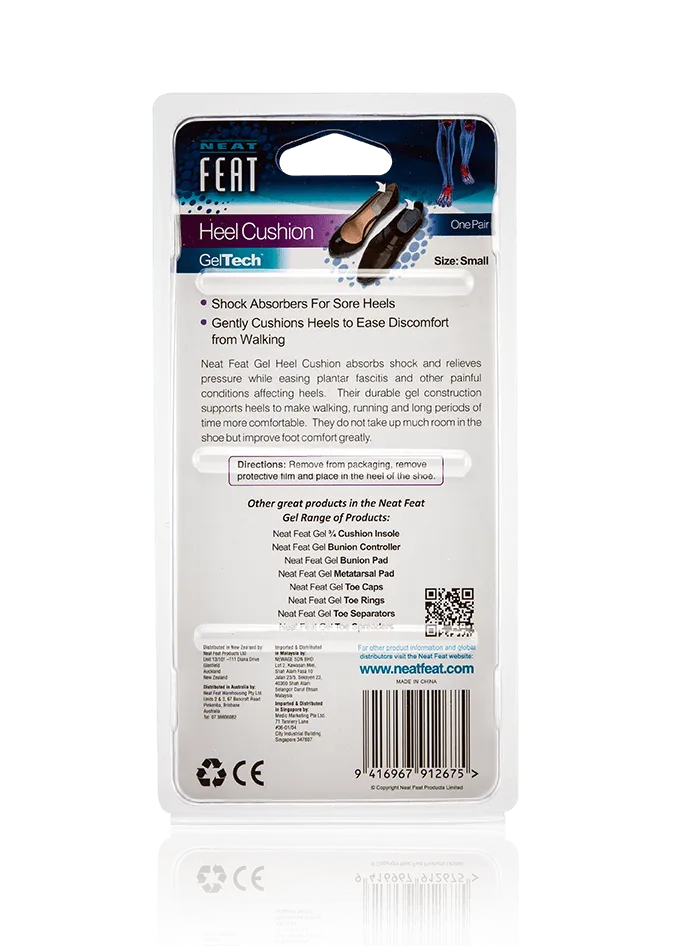Back of the Neat Feat Gel Heel Cushions packaging, mostly white with mostly black text, displaying product details, usage instructions, and benefits for heel support.