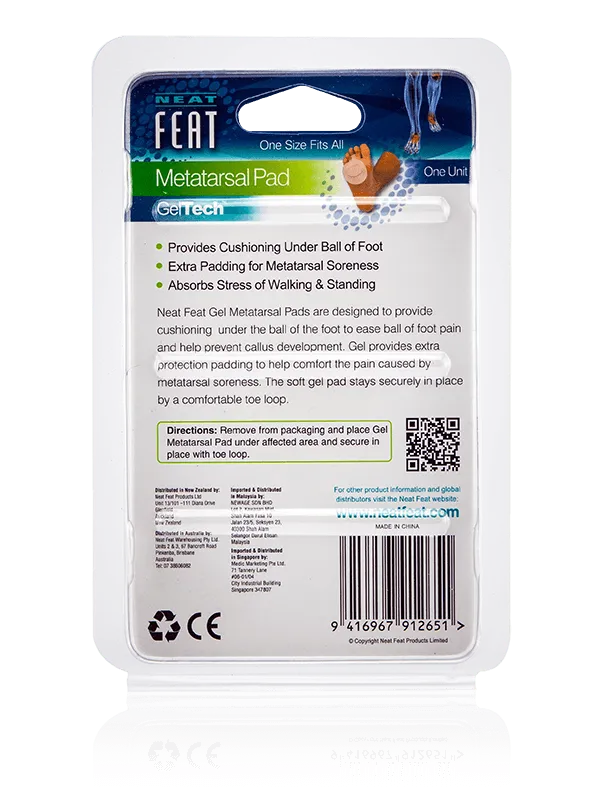 Back of the Neat Feat Gel Metatarsal Pad packaging, mostly white with black text detailing product information, usage instructions, and benefits.