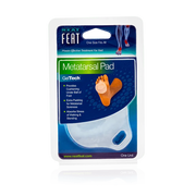 Neat Feat Gel Metatarsal Pad for Front Foot Pain Prevention, in mostly blue packaging with a clear plastic cover showing the white gel pad inside. The front features an image of a foot demonstrating how to wear the product.