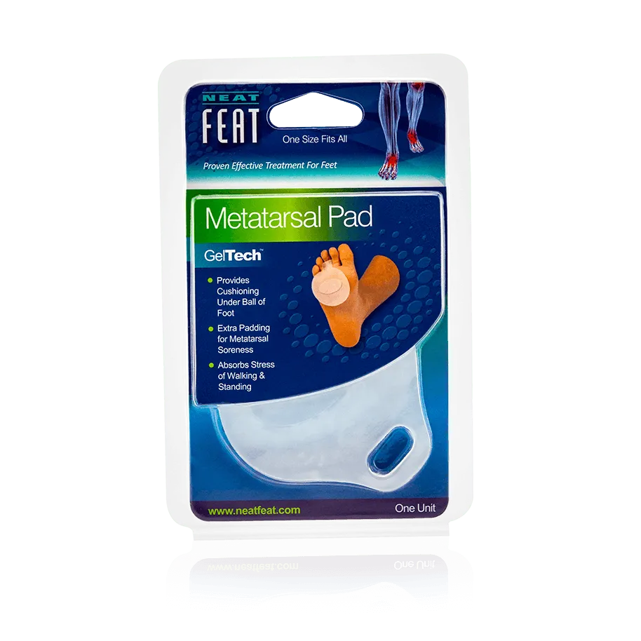 Neat Feat Gel Metatarsal Pad for Front Foot Pain Prevention, in mostly blue packaging with a clear plastic cover showing the white gel pad inside. The front features an image of a foot demonstrating how to wear the product.