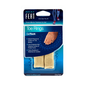 Neat Feat Gel Toe Ring Padding and Protection for Corns, in mostly blue packaging with a clear plastic cover showing the beige toe rings inside. The front features an image of a foot demonstrating how to wear the product.
