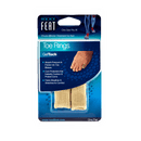 Neat Feat Gel Toe Ring Padding and Protection for Corns, in mostly blue packaging with a clear plastic cover showing the beige toe rings inside. The front features an image of a foot demonstrating how to wear the product.