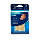 Neat Feat Gel Toe Ring Padding and Protection for Corns, in mostly blue packaging with a clear plastic cover showing the beige toe rings inside. The front features an image of a foot demonstrating how to wear the product.