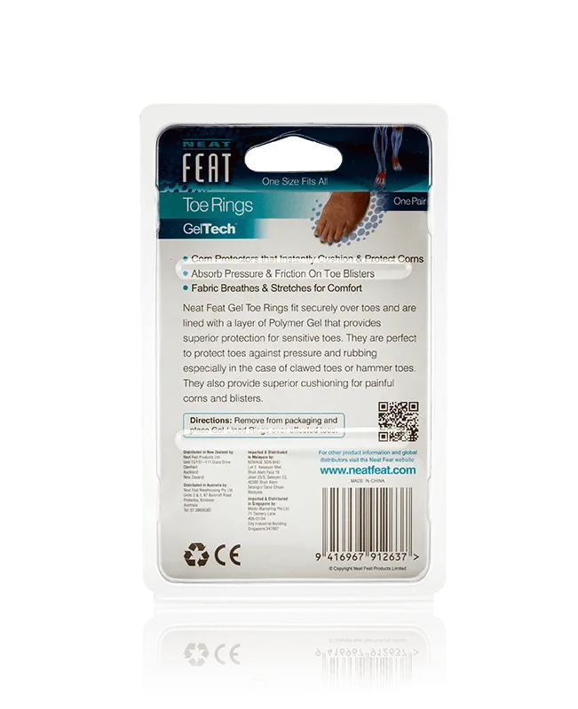 Back of the Neat Feat Gel Toe Ring Padding and Protection packaging, mostly white with black text detailing product information, usage instructions, and benefits.