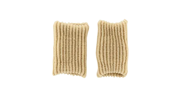 Two beige Neat Feat Gel Toe Rings side by side, showcasing their soft, cushioned design for padding and corn protection.