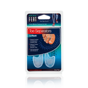 Neat Feat Gel Toe Separators, in blue packaging wrapped in plastic, allowing a clear view of the toe separators. The front of the packaging shows an example of the toe separator in use.