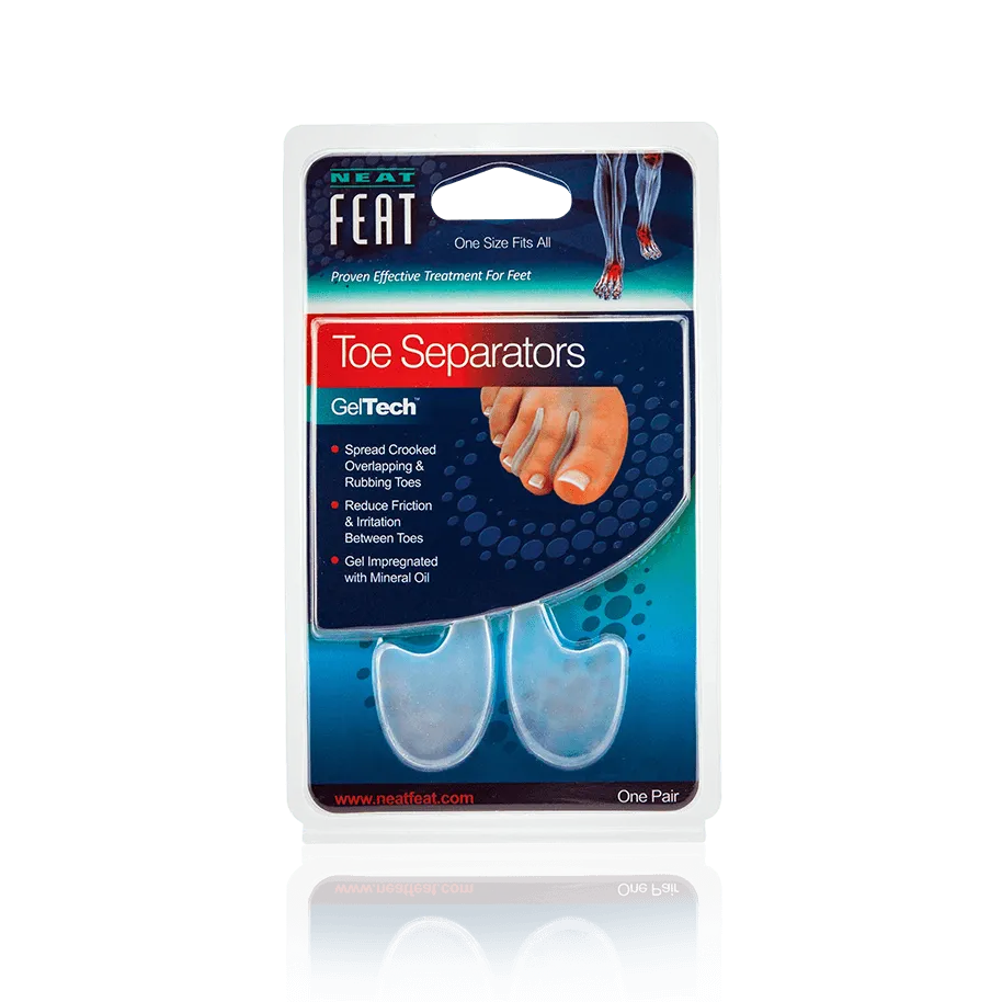 Neat Feat Gel Toe Separators, in blue packaging wrapped in plastic, allowing a clear view of the toe separators. The front of the packaging shows an example of the toe separator in use.