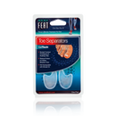 Neat Feat Gel Toe Separators, in blue packaging wrapped in plastic, allowing a clear view of the toe separators. The front of the packaging shows an example of the toe separator in use.