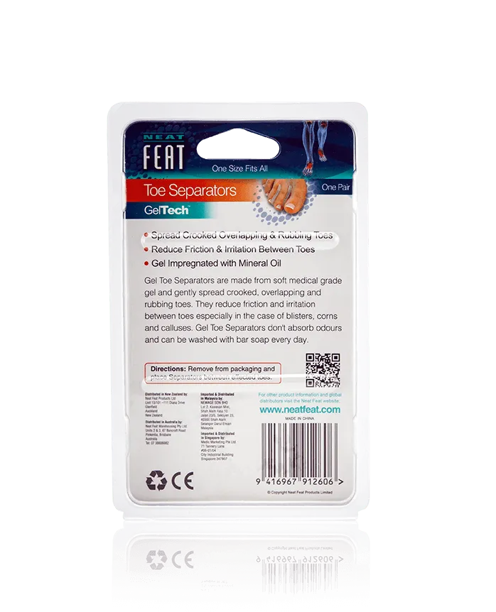 Back of the Neat Feat Gel Toe Separators packaging, mostly white with mostly black text displaying product details and directions.