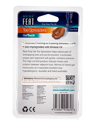 Back of the Neat Feat Gel Toe Spreaders packaging, mostly white with mostly black text displaying product details and directions. 