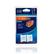Neat Feat Gel Toe Spreaders, in blue packaging wrapped in plastic, allowing a clear view of the toe spreaders. The front of the packaging shows an example of the toe spreader in use.