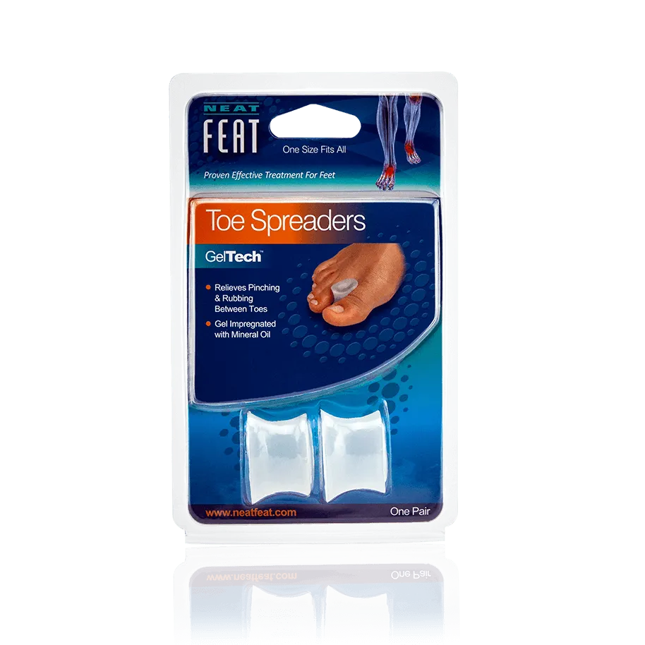 Neat Feat Gel Toe Spreaders, in blue packaging wrapped in plastic, allowing a clear view of the toe spreaders. The front of the packaging shows an example of the toe spreader in use.