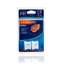Neat Feat Gel Toe Spreaders, in blue packaging wrapped in plastic, allowing a clear view of the toe spreaders. The front of the packaging shows an example of the toe spreader in use.