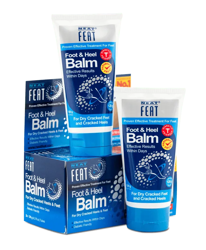 Heel Balm 120g Mega Pack for dry, cracked feet, in mostly navy blue packaging. The box contains two tubes, with one tube sitting on top, featuring clear product information and a focus on hydration and repair for dry, cracked skin.