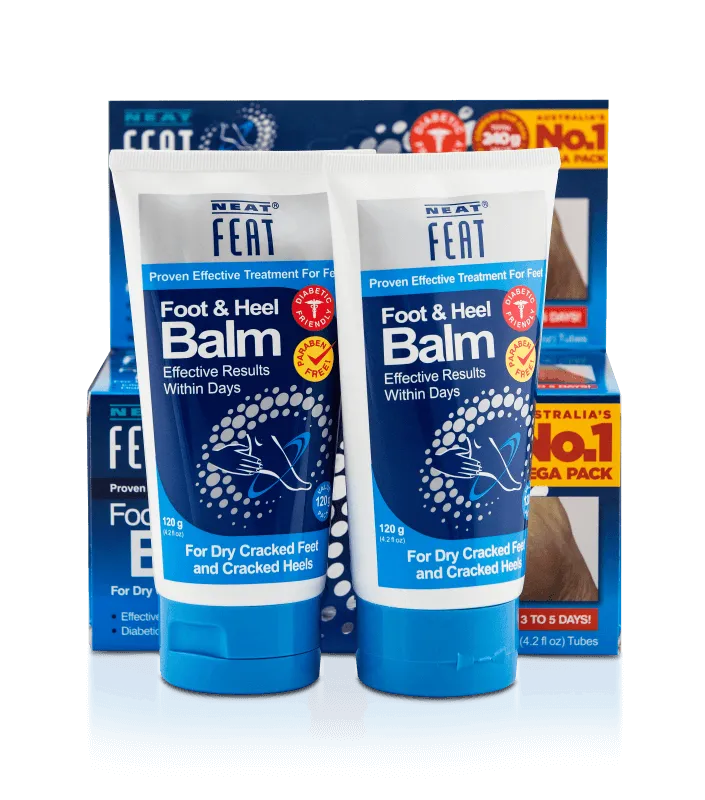 Heel Balm 120g Mega Pack for dry, cracked feet, in mostly navy blue packaging. The box contains two tubes, with clear product information and a focus on hydration and repair for dry, cracked skin.