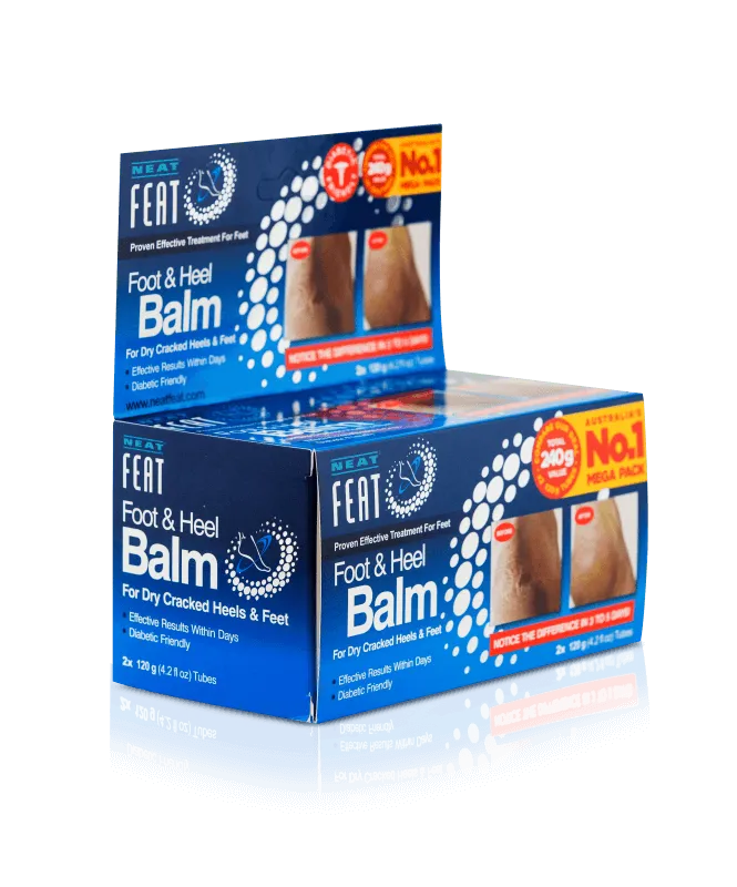 Neat Feat Heel Balm 120g box, front-on and slightly rotated, showcasing the product branding and information in mostly navy blue packaging.