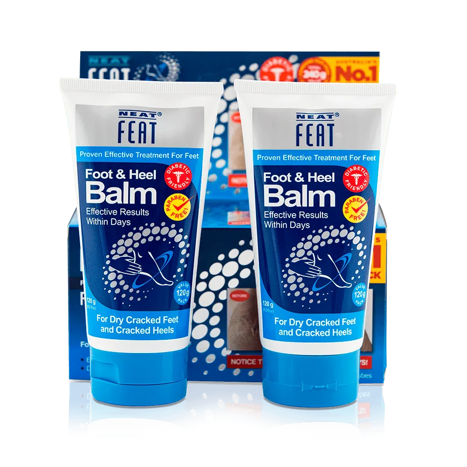 Heel Balm 120g Mega Pack for dry, cracked feet, in mostly navy blue packaging. The box contains two tubes, with clear product information and a focus on hydration and repair for dry, cracked skin.