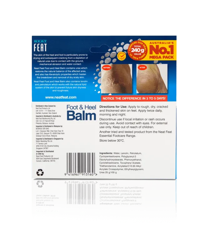 Back of the Neat Feat Heel Balm 120g box, featuring product details, directions, and ingredients with navy blue and white accents.