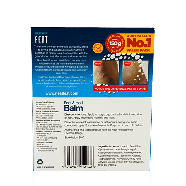 Back of the Heel Balm 75g Twin Pack box, featuring product information, usage instructions, safety precautions, ingredients, and a barcode. The design is clean and easy to read, with clear, concise text on a navy blue 