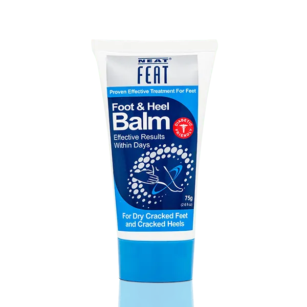 Heel Balm 75g tube for dry, cracked feet, featuring mostly navy blue packaging. The design highlights its hydrating and reparative properties, with clear product information and a simple, clean layout.