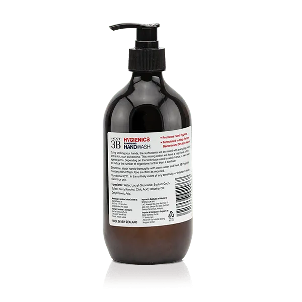 Back of the Neat Feat Hygienics Sanitising Handwash bottle, featuring a white label with black text displaying product details and instructions.