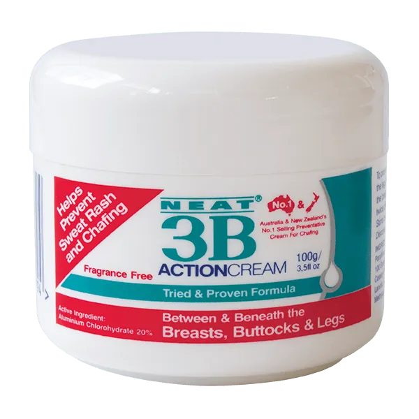 Neat 3B Action Cream 100g white tub for chafing, featuring red and duck blue accents with product branding and information.
