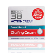 Neat 3B Action Cream 100g box for chafing, mostly white with red and duck blue accents, featuring product branding and information.