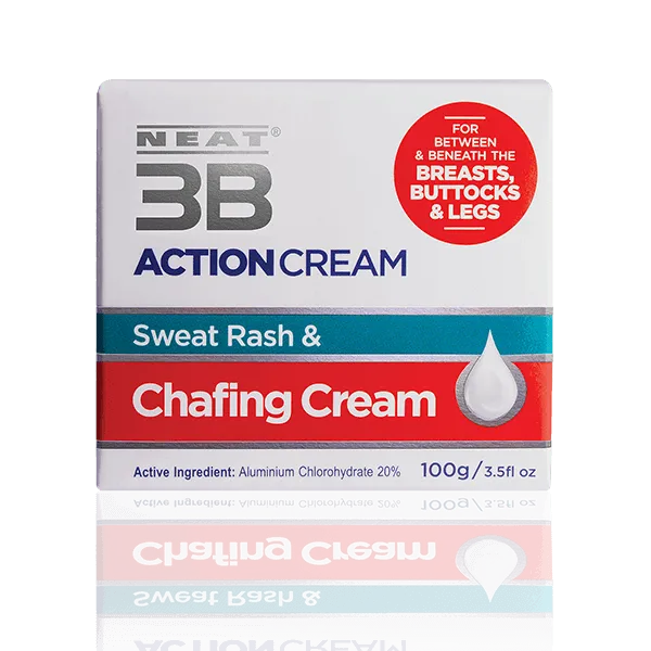 Neat 3B Action Cream 100g box for chafing, mostly white with red and duck blue accents, featuring product branding and information.