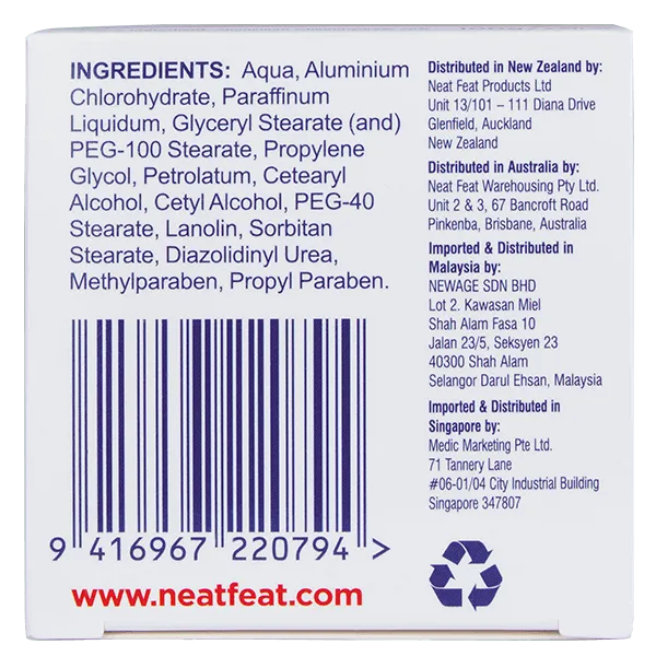 Back of the Neat 3B Action Cream 100g white box for chafing, featuring blue text displaying product details, directions, and ingredients.