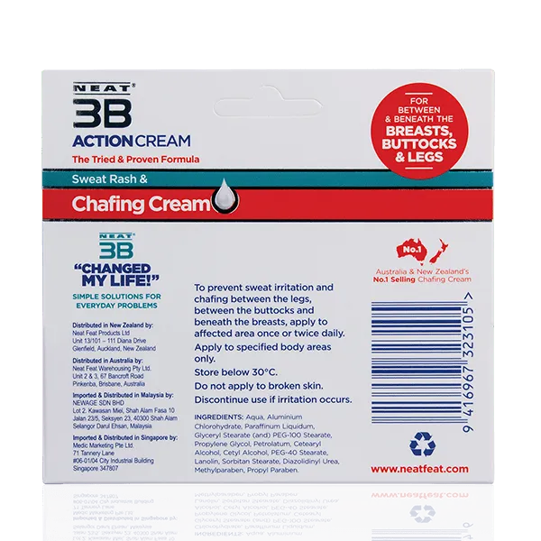 Back of the Neat 3B Action Cream 75g box for chafing, mostly white with red and duck blue accents, displaying product details, directions, and ingredients.
