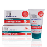 Neat 3B Action Cream 75g for chafing, with the tube and box side by side. The tube is mostly white with a duck blue lid, while the box is mostly white with red and duck blue accents, displaying product branding and information.