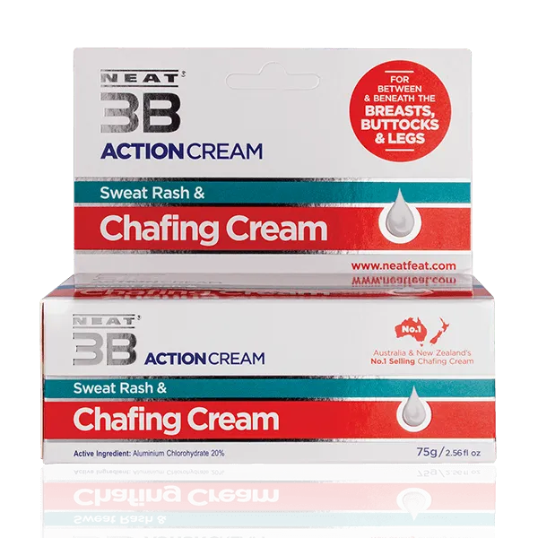 Neat 3B Action Cream 75g box for chafing, mostly white with red and duck blue accents, featuring product branding and information.