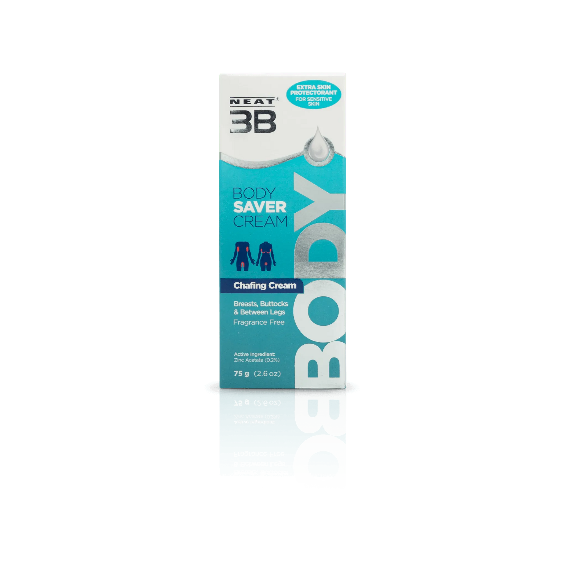 Box of Neat 3B Body Saver to Stop Body Rashes and Chafing, in a mostly duck blue colour. The packaging highlights its effectiveness in preventing rashes and chafing, with clear product information and a simple, easy-to-read design.