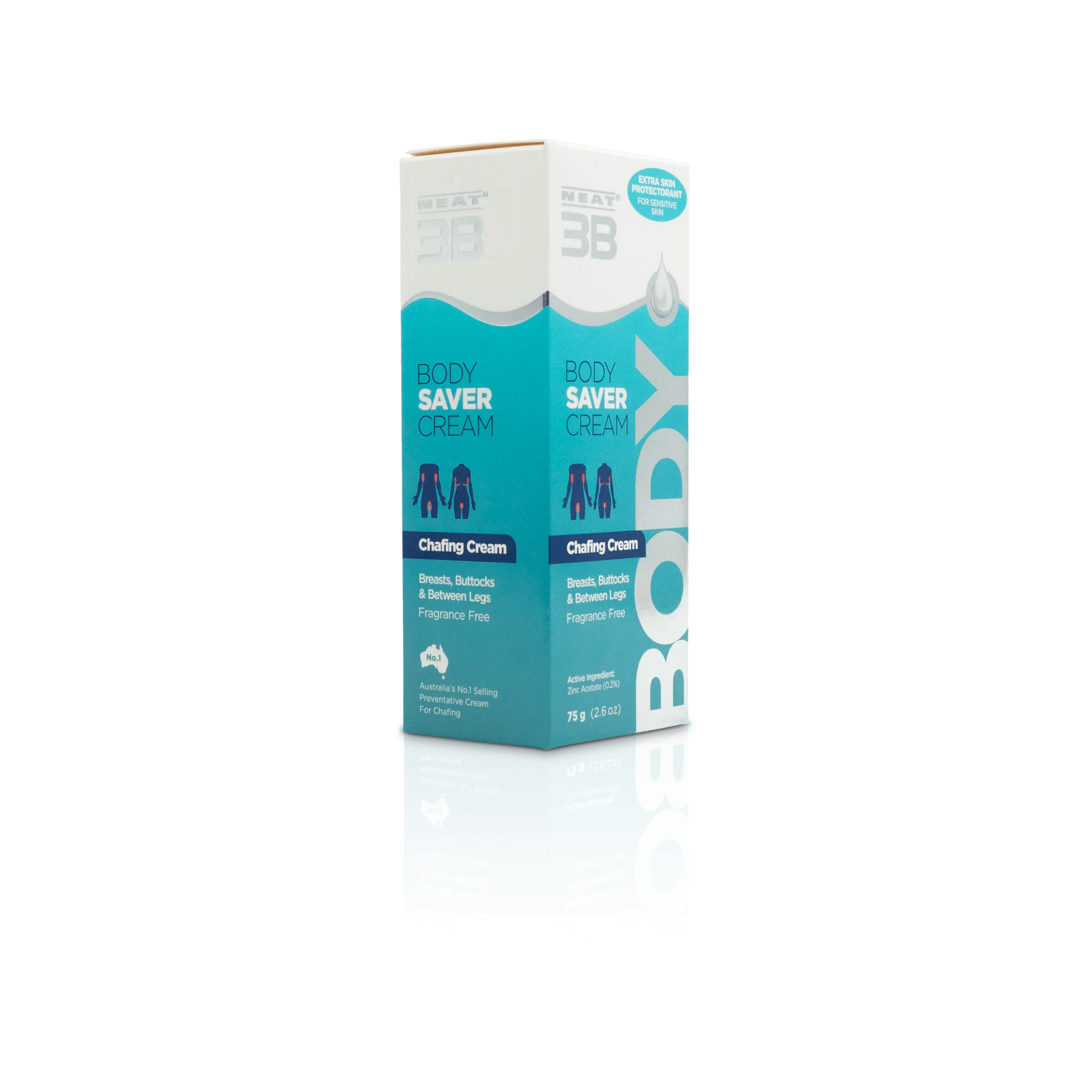 Box of Neat 3B Body Saver to Stop Body Rashes and Chafing, in a mostly duck blue colour. The packaging highlights its effectiveness in preventing rashes and chafing, with clear product information and a simple, easy-to-read design.