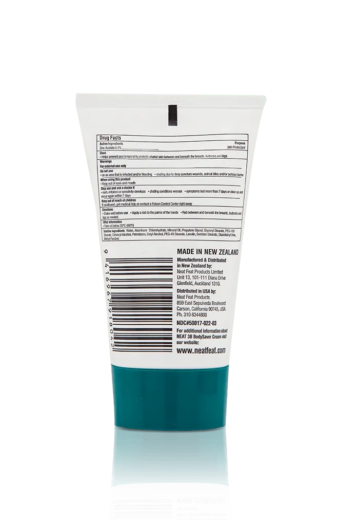 Back of the Neat 3B Body Saver tube, featuring product information, usage instructions, safety details, a barcode, and 'Made in New Zealand' label. The design is clear, with easy-to-read text and a simple layout