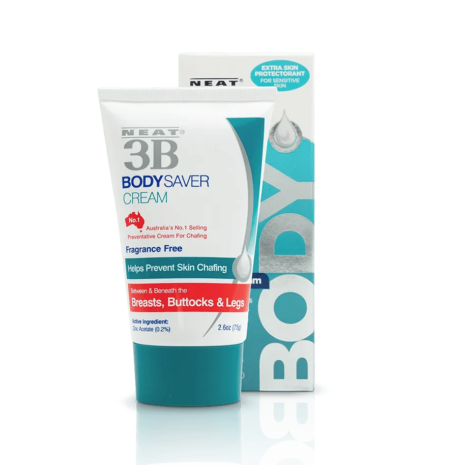 Neat 3B Body Saver to Stop Body Rashes and Chafing, shown in both the box and tube. The packaging highlights its effectiveness in preventing body rashes and chafing, with clear product information and a clean, easy-to-read design.