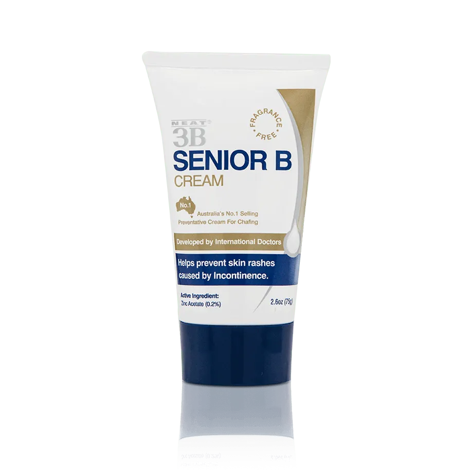 Neat 3B Senior B For Rash Prevention, in a white tube with a navy blue lid. The packaging clearly displays product details, focusing on its rash prevention benefits, with a clean and simple design.