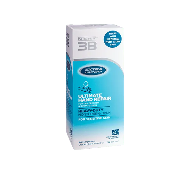Neat Feat 3B Ultimate Hand Repair Moisturising Balm packaging box, mostly blue and white, shown at a slight angle to highlight product branding and information.