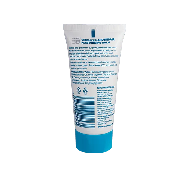 Back of the Neat Feat 3B Ultimate Hand Repair Moisturising Balm tube, white with blue text displaying product details and instructions.